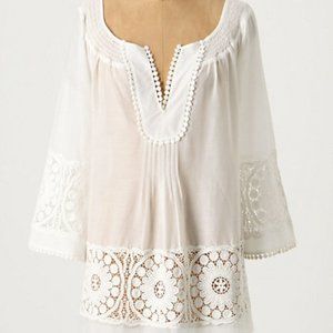 Anthropologie White Silky Embroidered Tunic, S